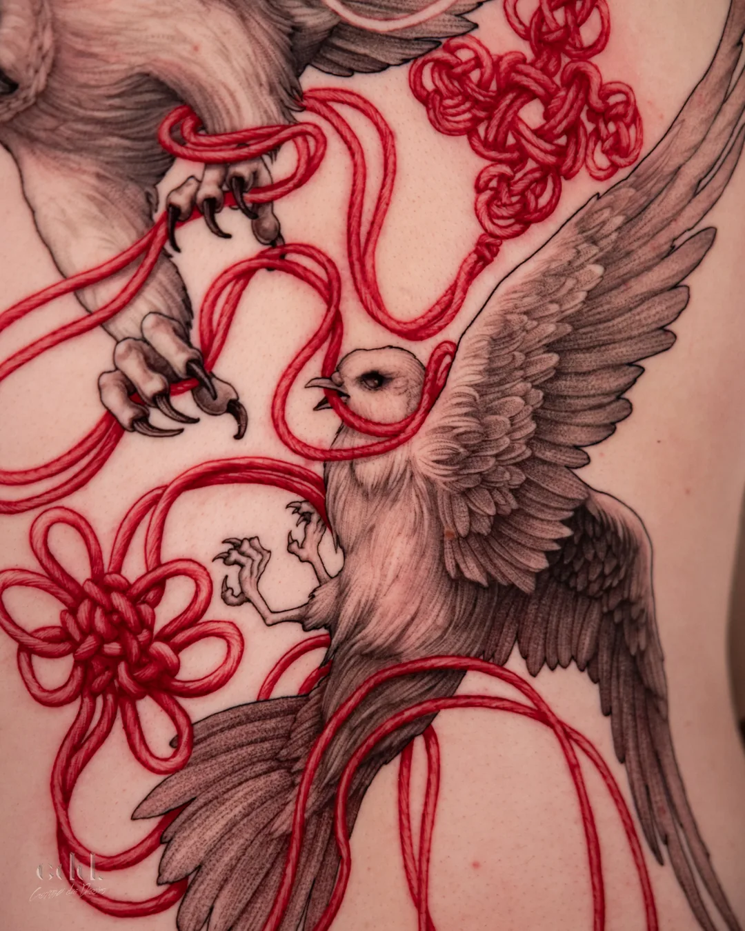 Red thread, detail · tatouage par Comme des Dessins, tatoueur à Montréal · cddtattoo.com · Instagram @comme.des.dessins